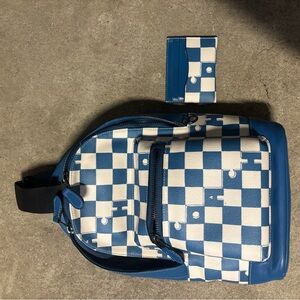 Coach Blue and Cream Checkered Belt Bag and Matching Wallet